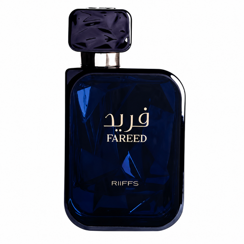 perfume bottle with 'FAREED riffs' branding 
