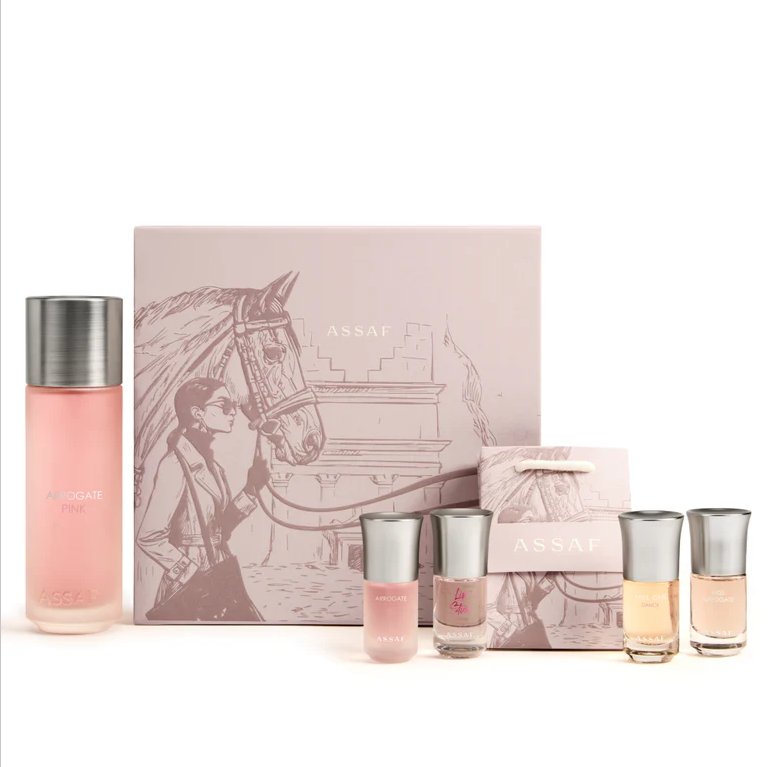 Assaf perfume set with arrogate pink bottle, box featuring