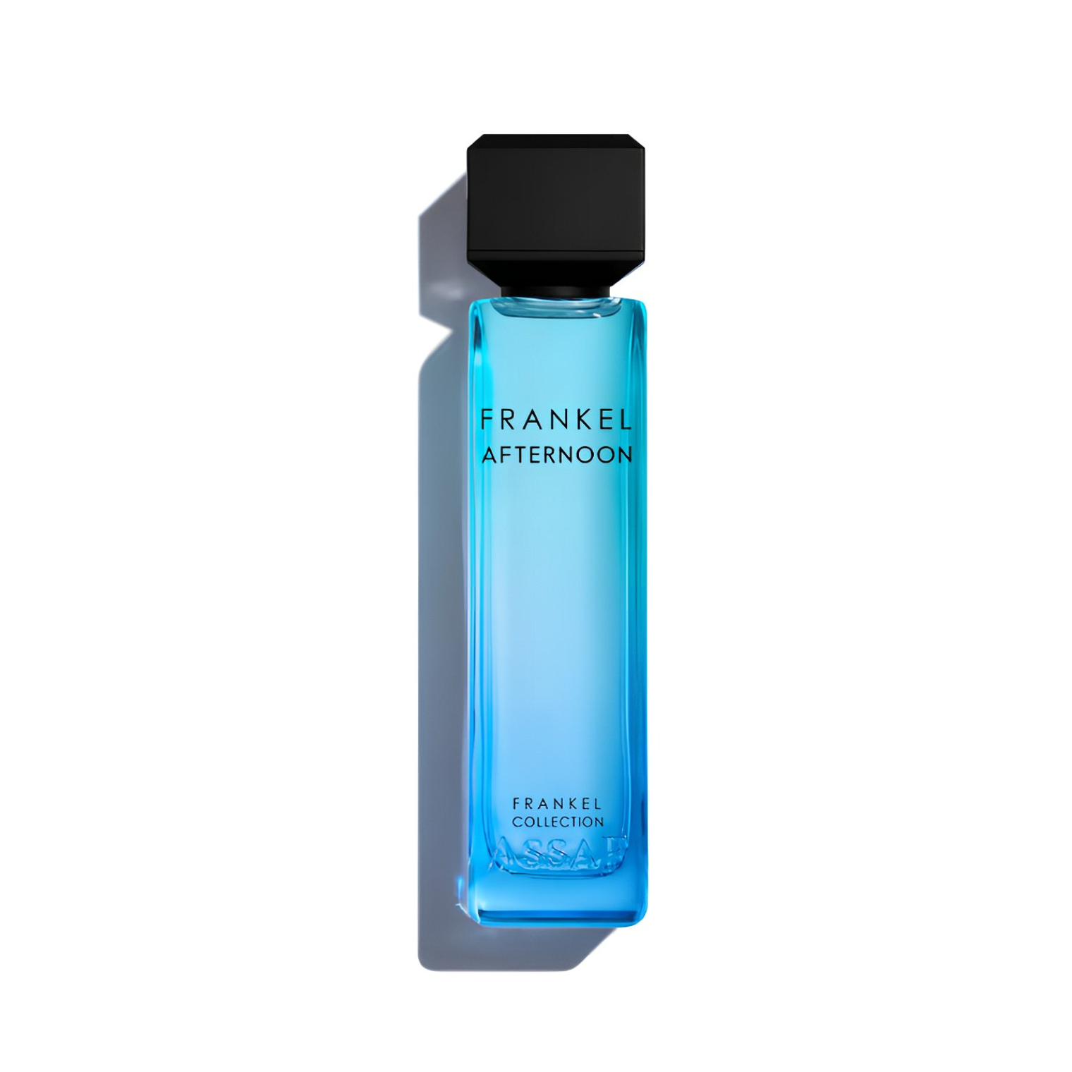 Blue perfume bottle labeled 'Frankel Afternoon'