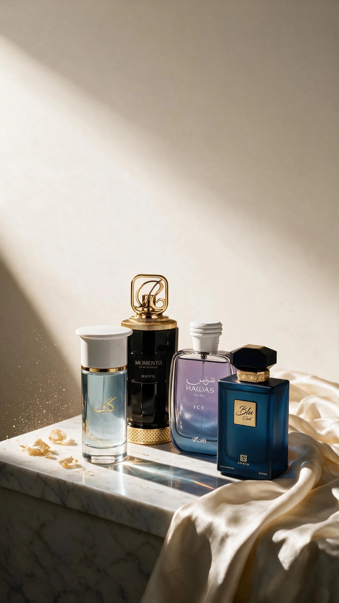 Kaaf, Momento, Hawas Ice and Blu Oud perfume bottles on marble in soft sunlight