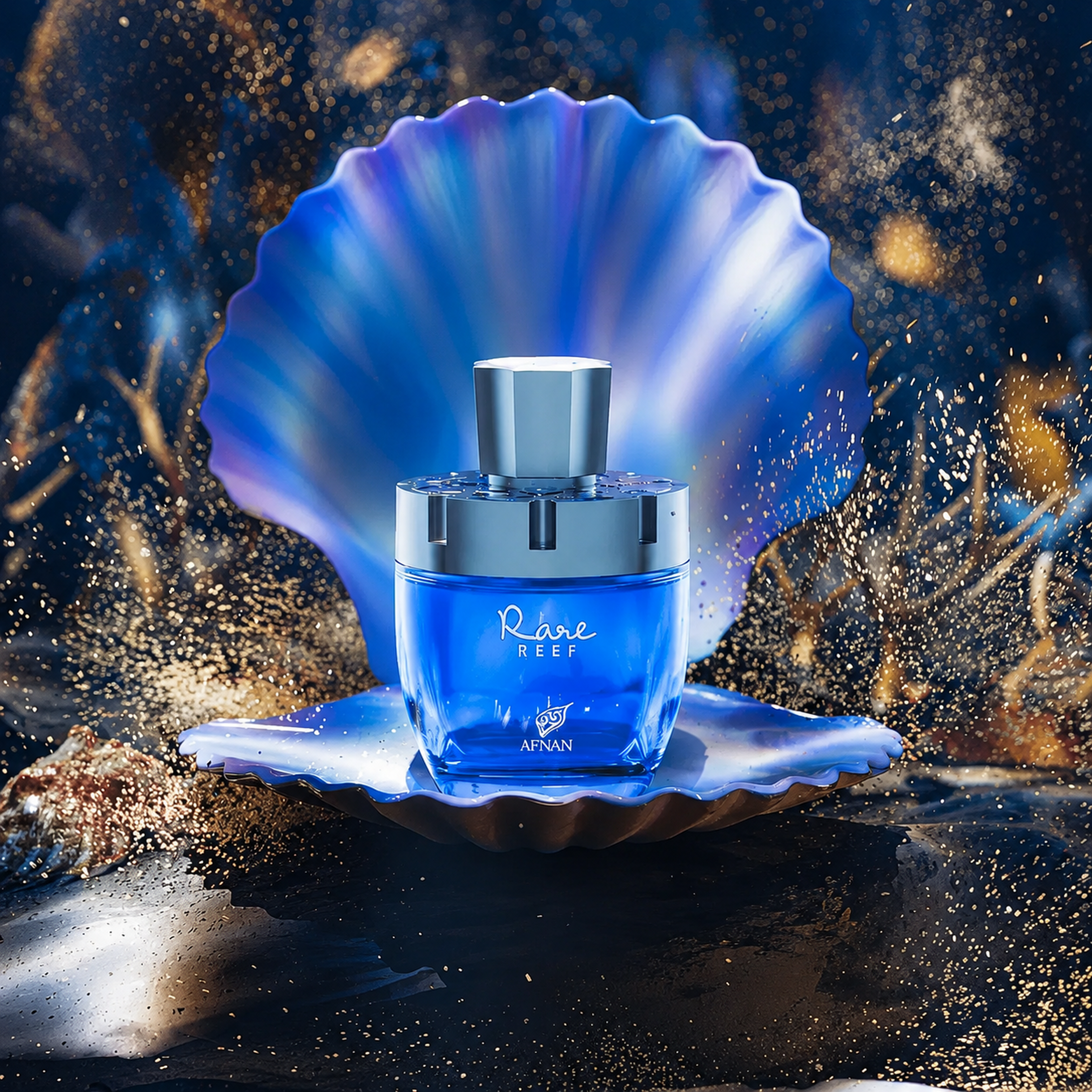 Afnan Rare Reef perfume campaign shot with shell